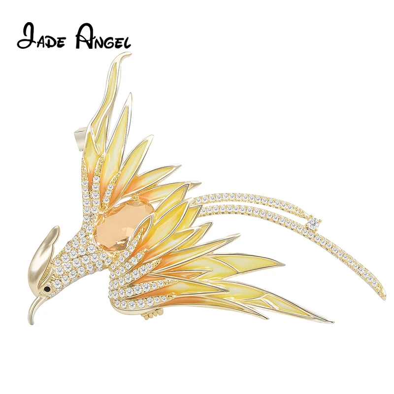 Jade Angel Yellow Cubic Zirconia Phoenix Bird Brooches & Pins for Women Men Fashion Casual Jewelry for Office Meeting Gifts