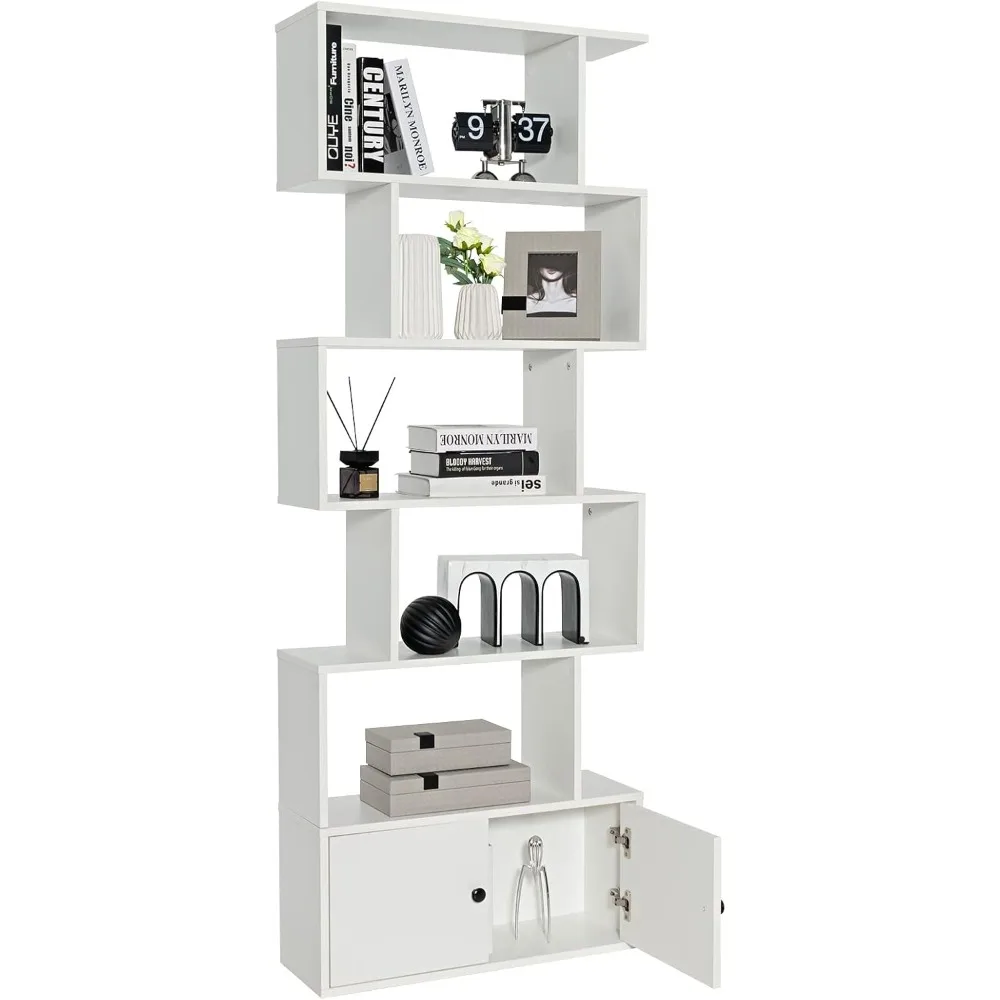 S Shaped Bookshelf with Cabinet, 6-Tier Bookcase with Doors, Anti-toppling Device, Home Office Wood Storage Display Shelf