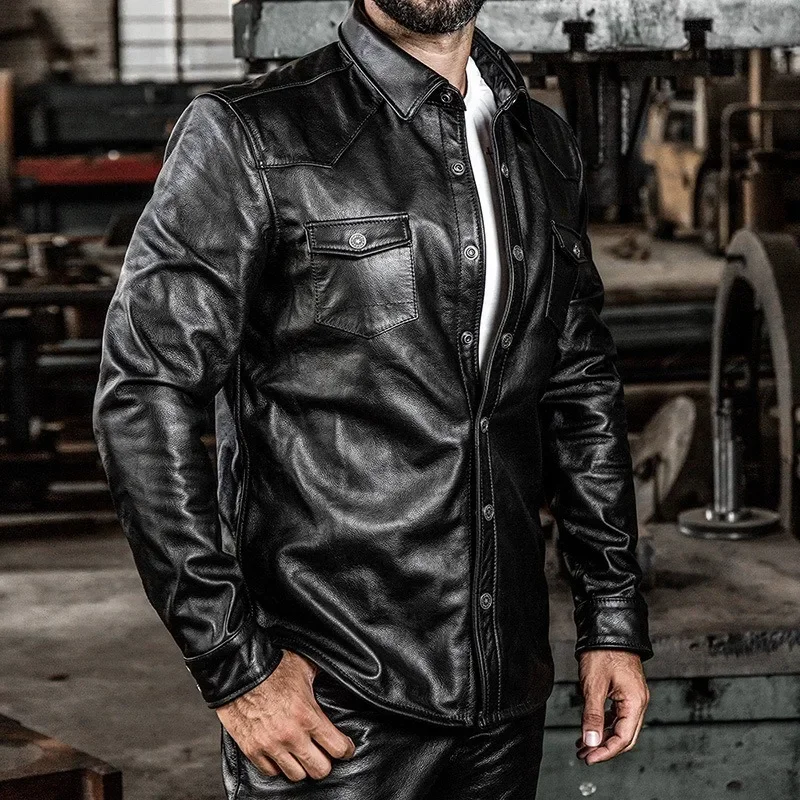 

Новая модная мужская куртка из натуральной кожи (верхний слой), с отложным воротником, повседневная, приталенная, в стиле мотоциклетной, черная