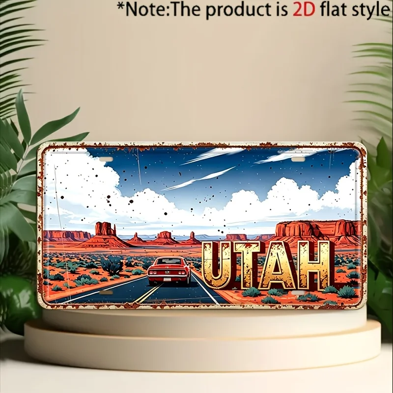 2D Flat, 2D Flat - for Decorative Use Only, Vintage Utah Desert Highway Metal Decorative Plaque and Ornament, Rustic Style Wa