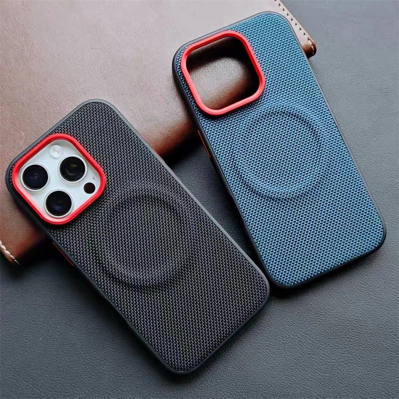 

Magnetic Case For iPhone 16 Pro Max 15 Plus Magnets Nylon Woven Matte Leather Skin-friendly Back Cover Shockproof Bumper