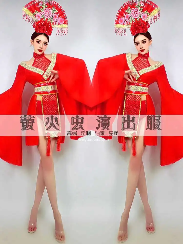 اليراع بار جوجو أداء زي أحمر كبير الأكمام ملهى ليلي DS النمط الصيني الاتجاه الوطني جديد منتصف الخريف مجموعة للنساء #1