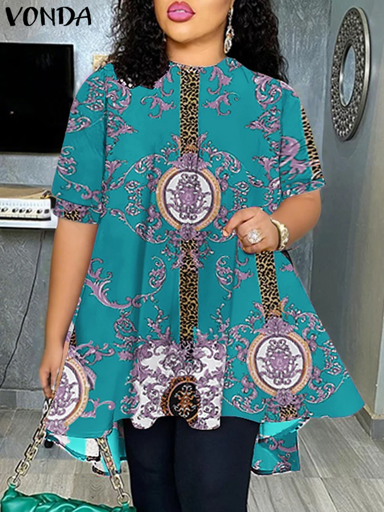 VONDA Women Blouse Vintage Printing Tops 2025 Retro Short Sleeve Shirts Casual Loose A-Line Hem Blusas O-Neck Tunic Oversized