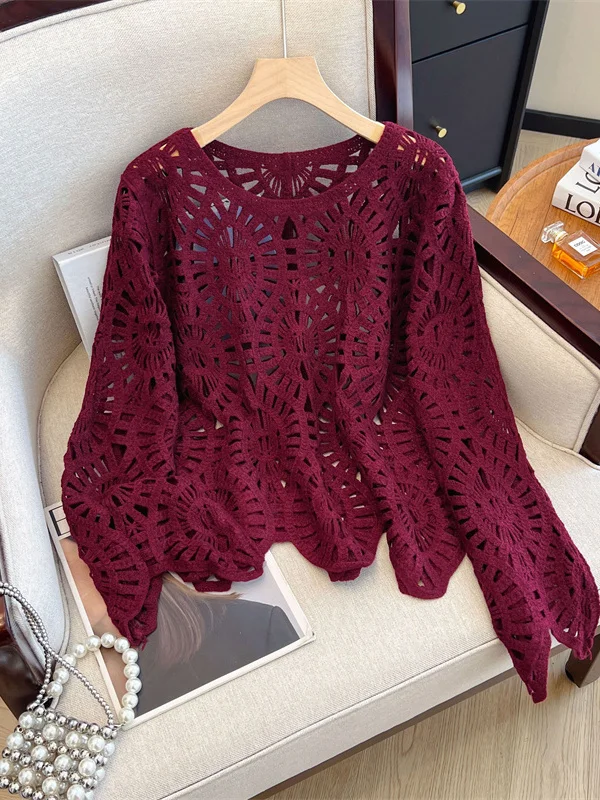 Women's Loose Knitted Long Sve Top Hollow out Design Faionable Outerwear Casual Comfortable plus Size Slimming Effect