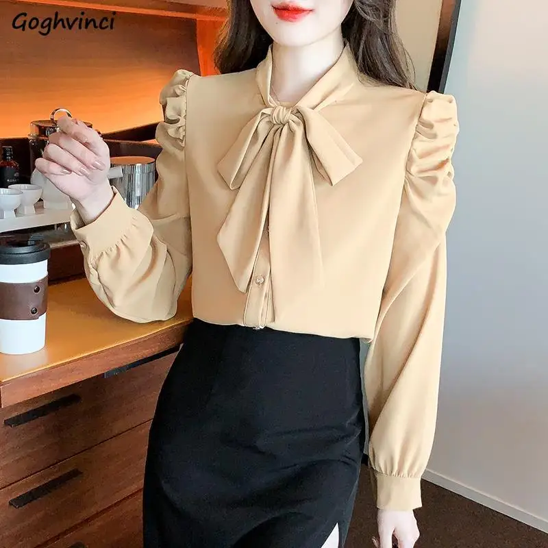 Bow Shirts Women Gentle Pure Simple Trendy Office Ladies Sweet Graceful French Style Design Spring All-match High Street Blusas