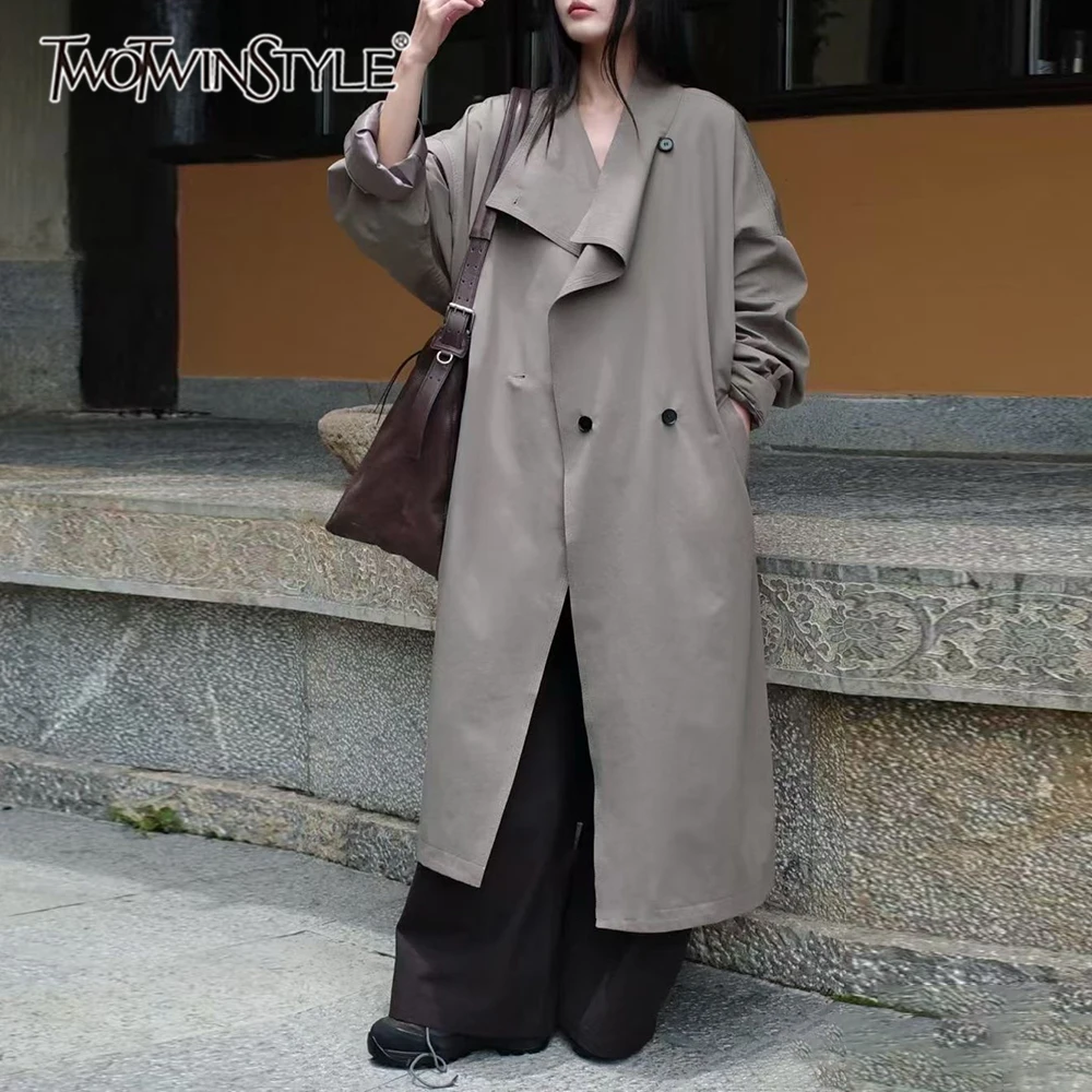 

TWOTWINSTYLE серый шикарный плащ на пуговицах женский с лацканами и длинными рукавами свободные винтажные литературные женские плащи осенняя мода новинка