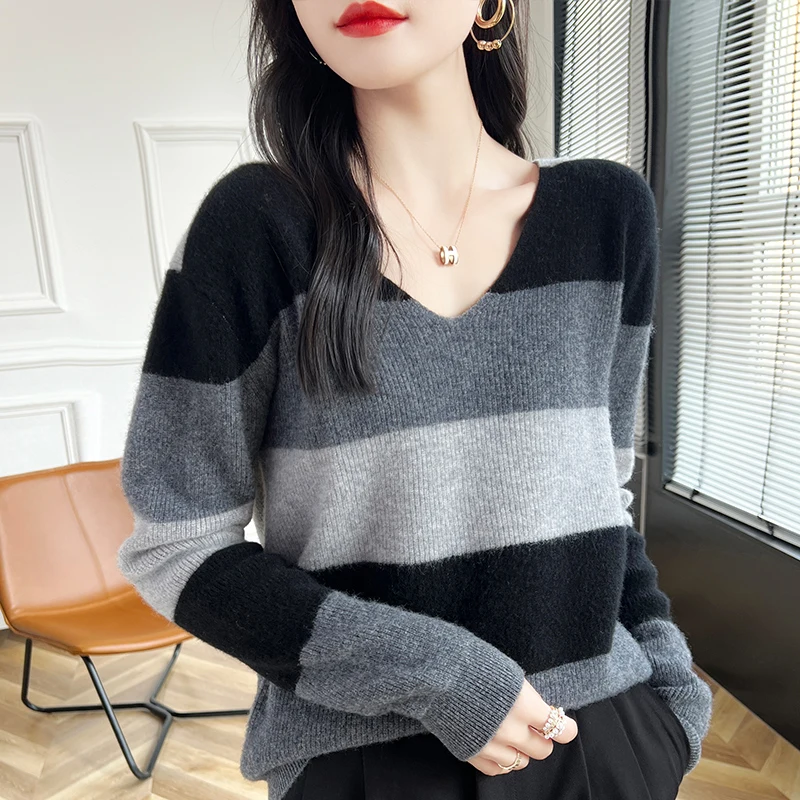 Female V-neck Wool Sweater Women Autumn/Winter Jumper Big Stripes Loose Knit Base Shirt Europe Station Cashmere Women's Clothing