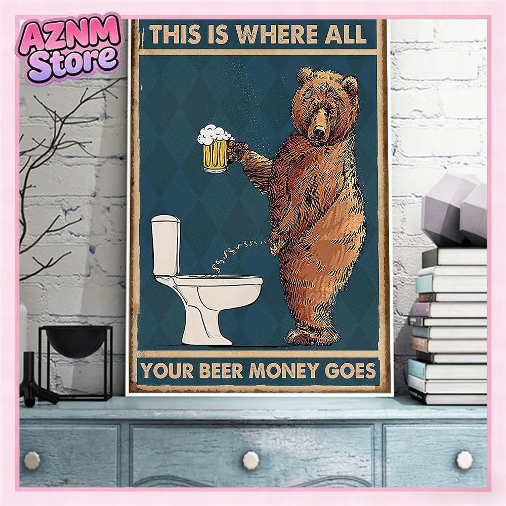 (1pc frameless)Retro Funny Wall Art Poster Prints Bear Drinking Beer in The Toilet Canvas Painting Picture For Room Home Deco