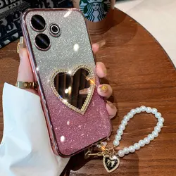 Redmi13 Cover Luxury Pearl Bracelet Case For Xiaomi Redmi 13 13C Note 13 Rro Plus 12 C 5G Diamond Love Mirror Case with Lanyard