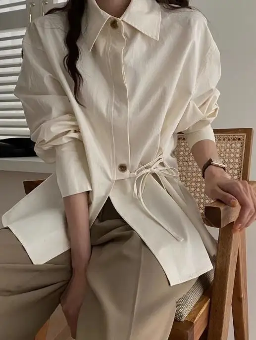 

2025 Autumn and Winter Leisure Vacation Versatile Solid Color Long Sleeved Shirt Women's Clothing