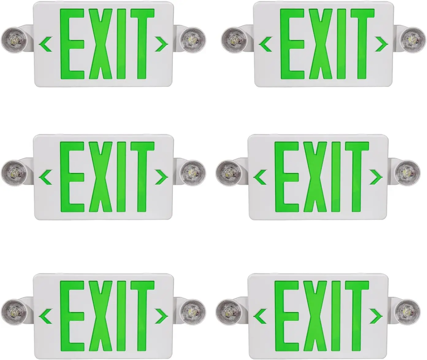 

Exit Sign with Emergency Light, Battery Backup, Green LED, Two Adjustable Heads, UL, 120V/277V, 6 Pack