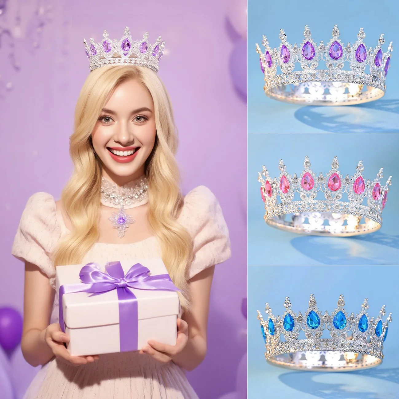 Round silver luxury crystal crown, suitable for birthday parties, cake accessories, flower accessories, holiday gifts