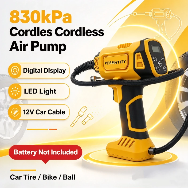 Handheld Portable Air Compressor 830kPa Car Tire Air Pump Digital Gauge LED Light, with 12V Car Cable, Battery Not Included