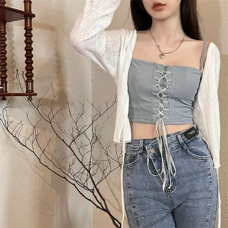 Thin White Cardigan Women Summer Sunscreen Lace-up Knitwear Tops Lady Korean Style Casual Lantern Sleeve Short Sun Protected Top