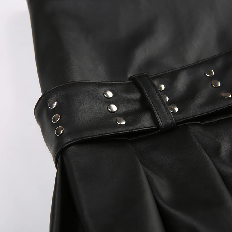 SUCHCUTE Schwarzer Gothic PU-Leder Damen Minirock mit Gürtel, niedriger Taille, Reißverschluss, Faltenrock, Y2K Streetwear, 2000er Jahre Kleidung, Sommer, Koreanisch – Detail 9
