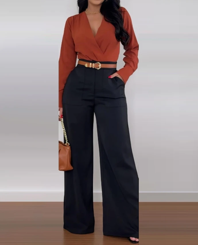 Women's Urban Trousers Office Solid Color Loose Commuter Business Pocket Design High Waist Straight Wide Leg Pants for Woman