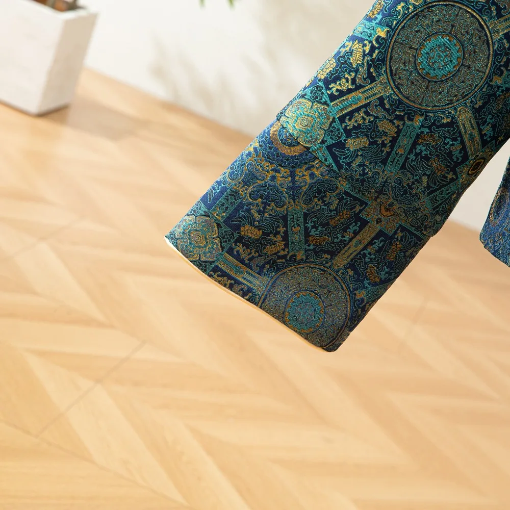 2025 Women's Fashion Clothing Blue Printed Natural Mulberry Silk Song Brocade Round Neck Long Sleeve New Chinese Style Coat