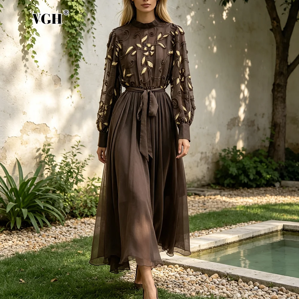 VGH Elegant Modest High Neck Long Sleeve Maxi Dress for Women 3D Gold Floral Embroidery Semi Sheer A Line for Evening Occasion