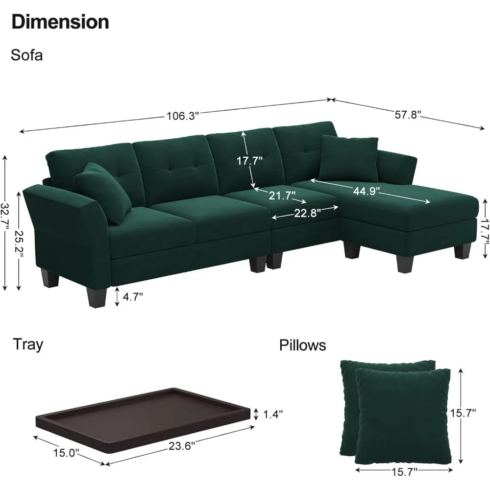 Convertible Sectional Couch Velvet L Shaped Sofa 4 Seat Sofa with Chaise L-Shaped Couches Reversible Sectional Sofa