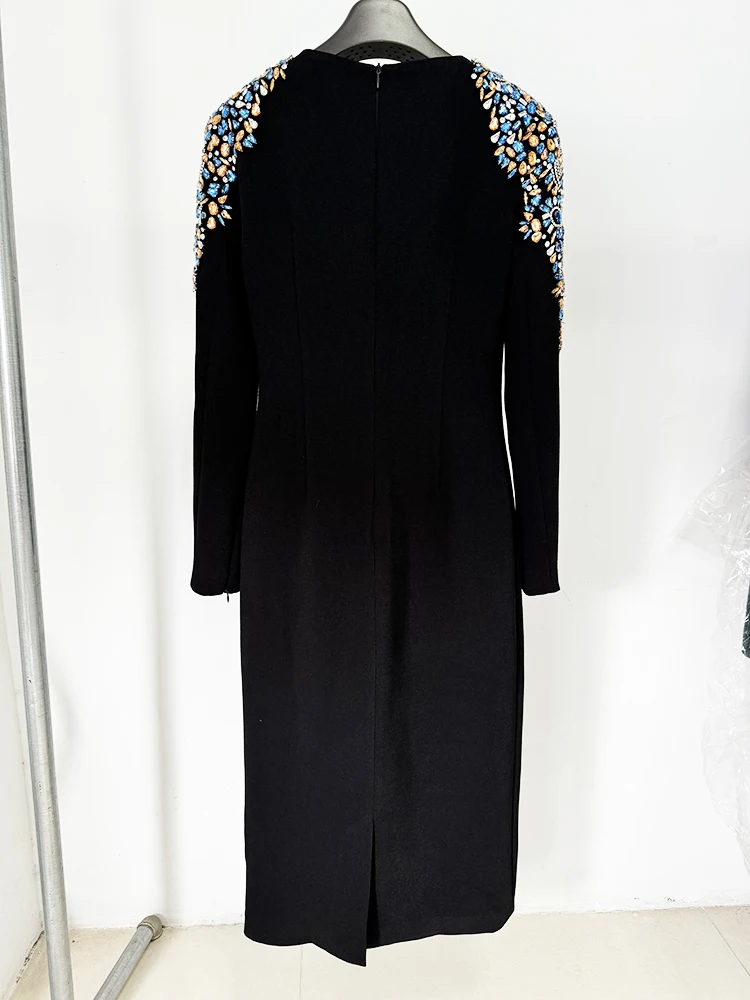 VC Luxury Beaded Dress Women's Long Sleeves Diamonds Crystals Round Neck Bodycon Cocktail Party Evening Gowns Vestidos