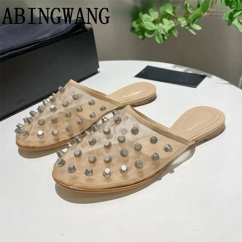 

Новинка лета 2023, сетчатые тапочки на плоской подошве с украшением из кристаллов, повседневные модельные туфли без шнуровки с круглым носком для женщин Mujer