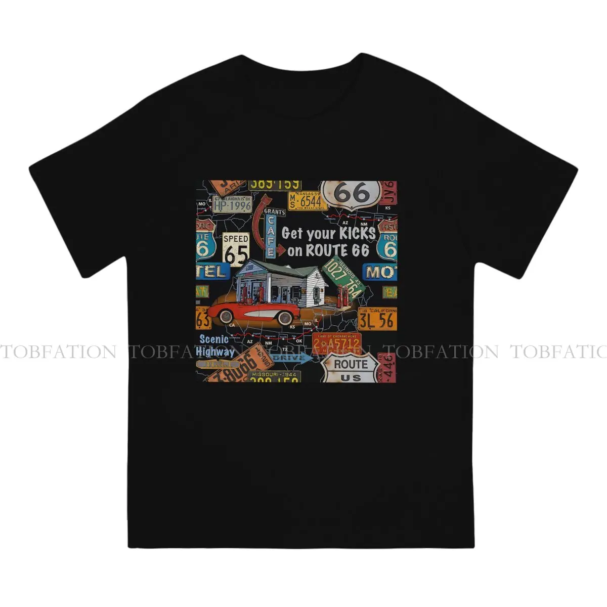 Route 66 Classic Cotton T Shirt Harajuku Homme Men's Tshirt O-Neck Short Sleeve