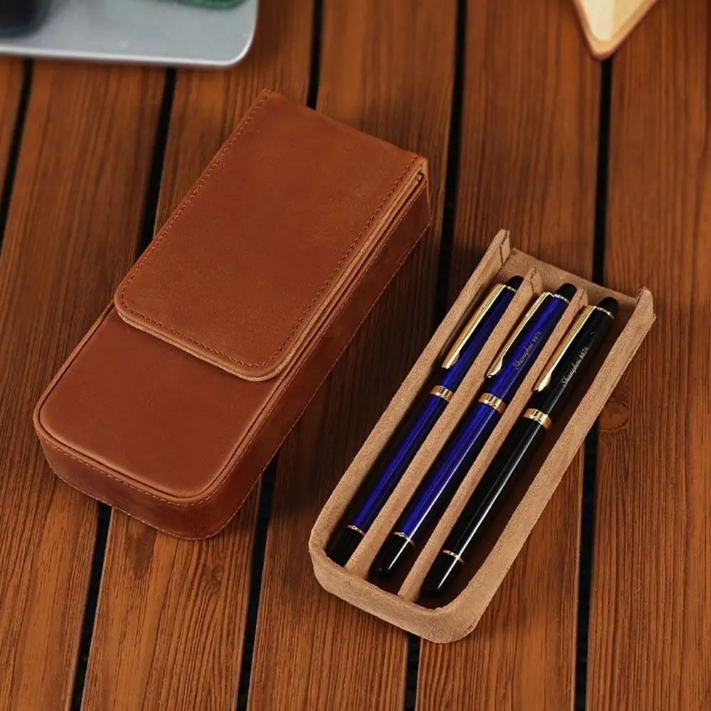 Crazy Horse Leather Fountain Pen Case Reusable Handmade 3 Slots Pen Pouch Magnetic Attraction Durable Pen Storage Box School