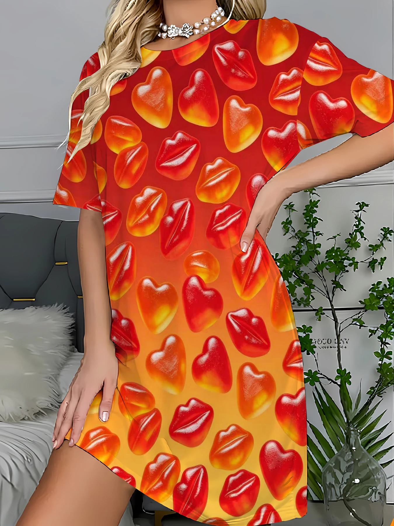 Oversized Sleep T-Shirt Dress Women All-Over Print Casual Homewear Nightgown