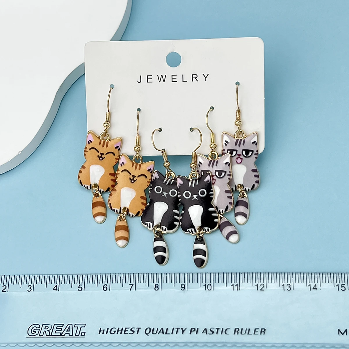 3 Pairs Cute Enamel Alloy Cat Dangle Earrings Set