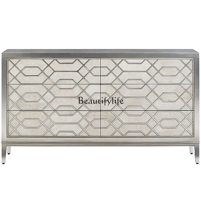 Modern American Light Luxury Dressing Table Champagne Silver Rule Graphic Decorative Storage Side Cabinet