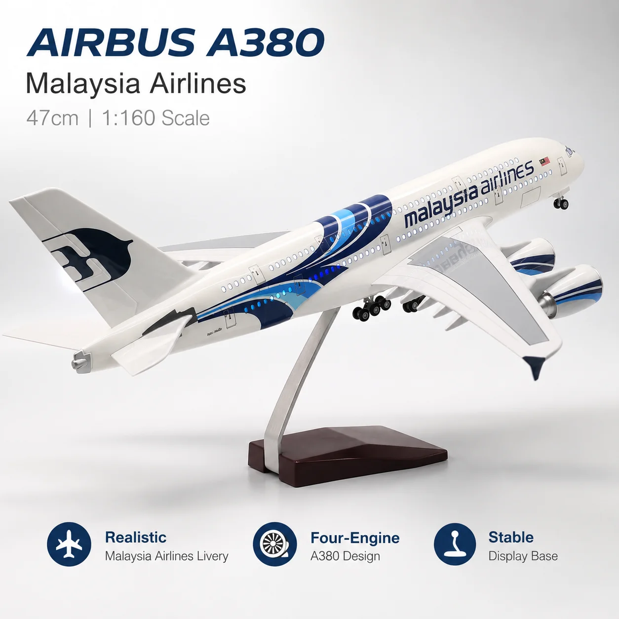 1:160 Scale 45.5cm Airbus A380 Malaysia Aircraft Model Diecast Plastic Resin with Landing Gear Wheels & Display Stand for Collec