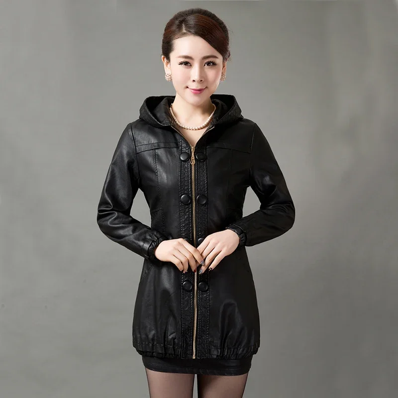 Long coats 5XL leather clothing women new 2024 spring jackets laides slim fashion coats outerwear leather jacket women black