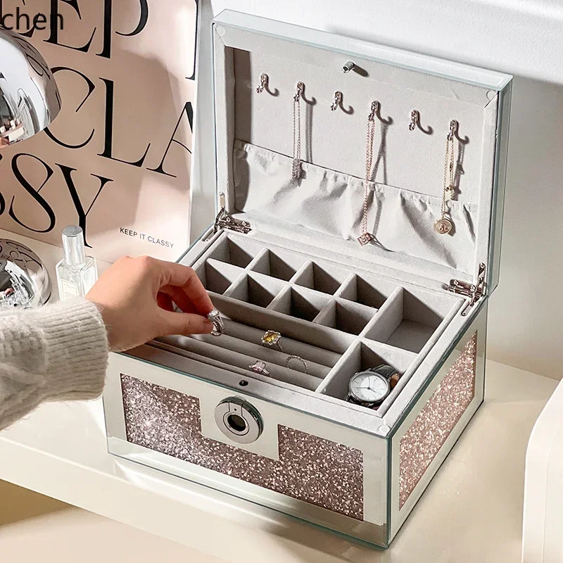 y9.3- fingerprint password jewelry storage box high-end exquisite diamond-encrusted multi-layer jewelry safe