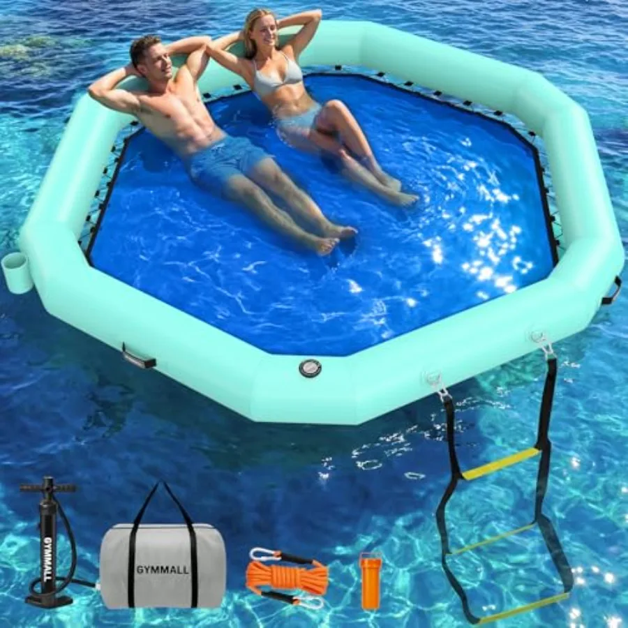 

8FT Hexagon Inflatable Water Hammock with Mesh Center Heavy Duty PVC Blue Portable Floating Island for Pool River Ocean
