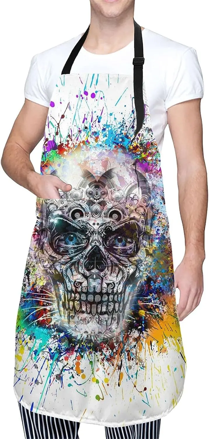 Halloween Skull Colorful Splash Waterproof Apron with 2 Pockets Kitchen Chef Bib for Men Women Cooking BBQ Drawing Gardening