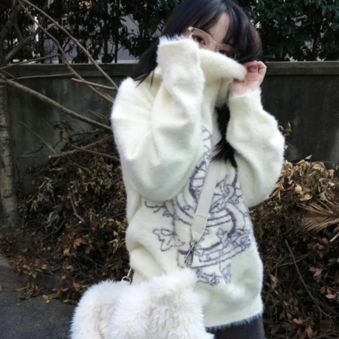 อเมริกันสวีทกราฟฟิตี้พิมพ์เสื้อกันหนาวผู้หญิงฤดูใบไม้ร่วง/ฤดูหนาวแฟชั่นหลวมเสื้อแจ็คเก็ตถักมีฮู้ด