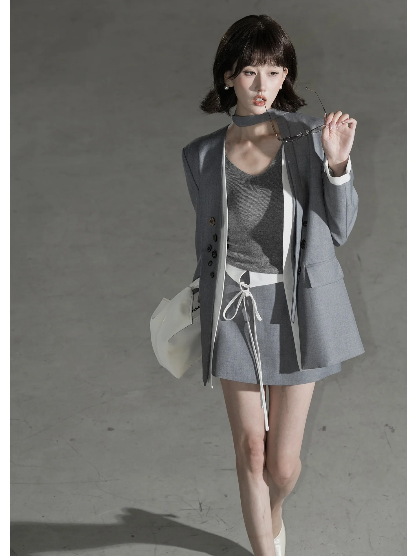 

Fashionable V-neck Cotton Suit Jacket Knitted Top Skirt Pants Set Women's Casual Style Spring Collection Button up Straight Cut