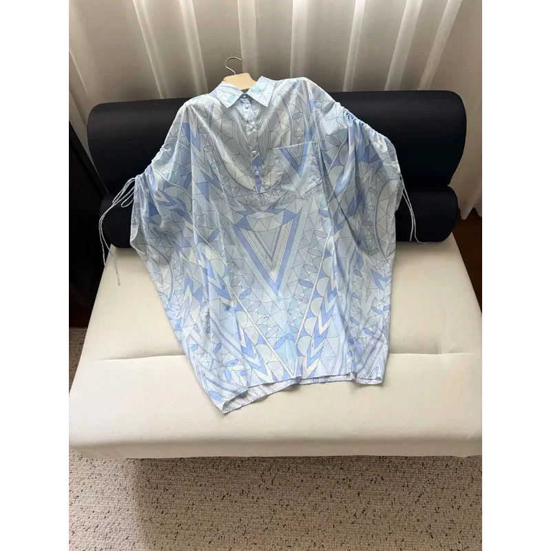 2026 Women Turn-down Collar Light Blue Geometric Pattern Pleated Sleeve Cotton Short Dress