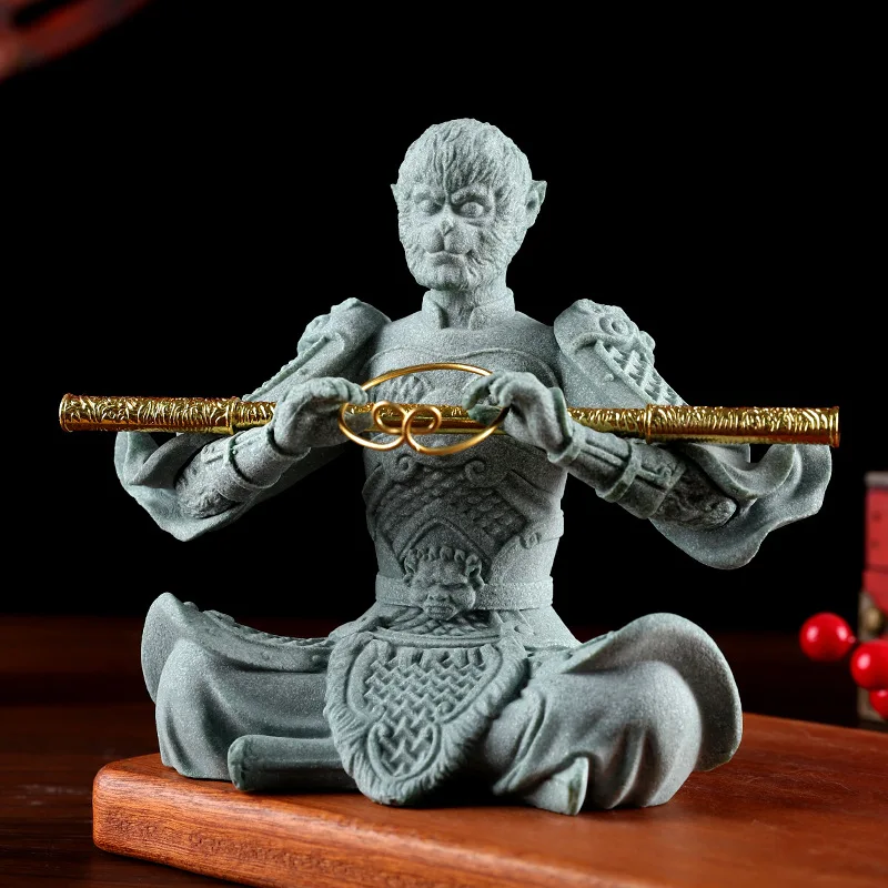

Supreme Treasure Wukong Monkey Kingdom Style Green Sandstone Tea Pet Monkey King Meditation Desktop Fish Tank Micro Landscape Or