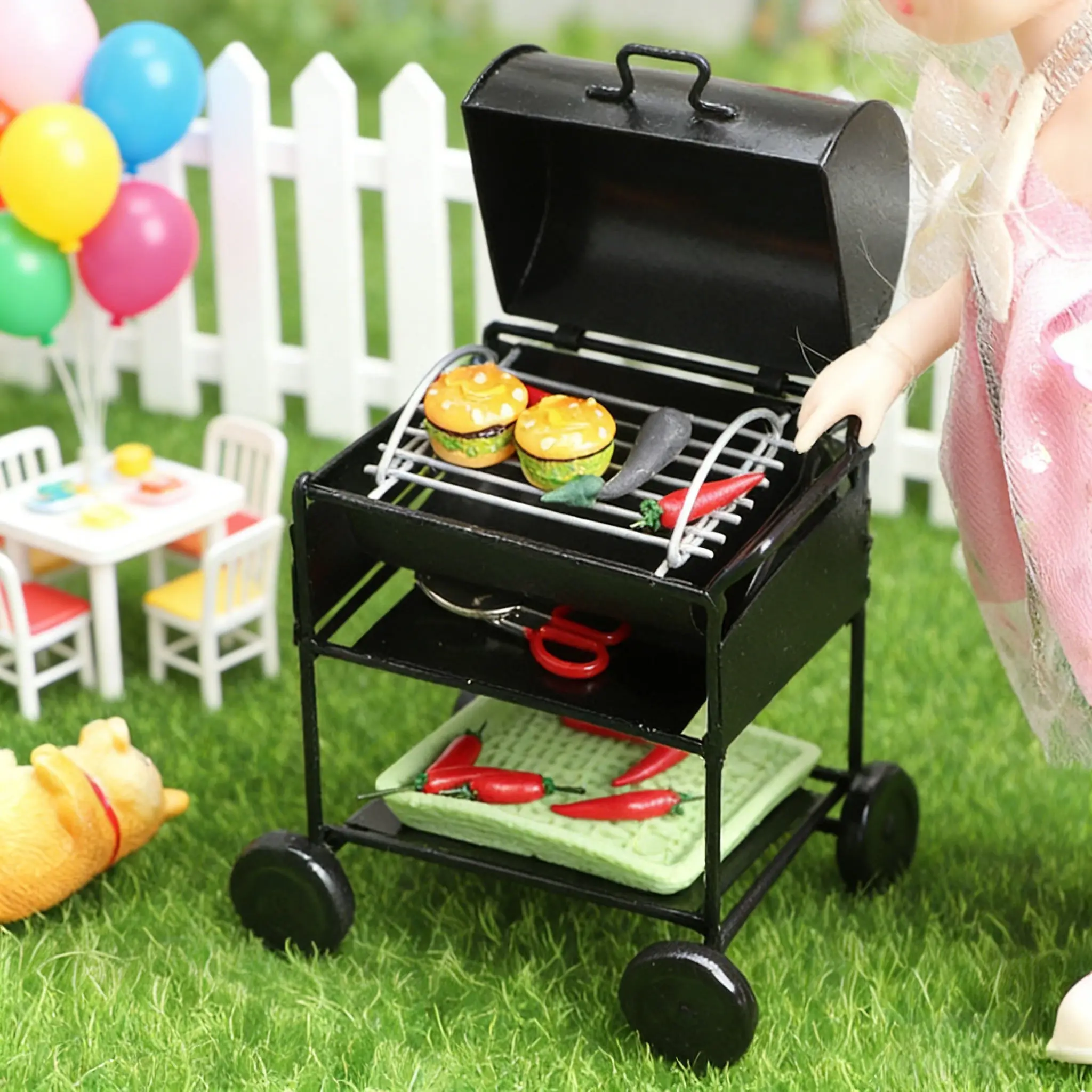 1:12 poppenhuis miniatuur meubilair - simulatie keukengerei buitengrill vierkant BBQ-rek, kinderen fantasiespel speelgoedwagen