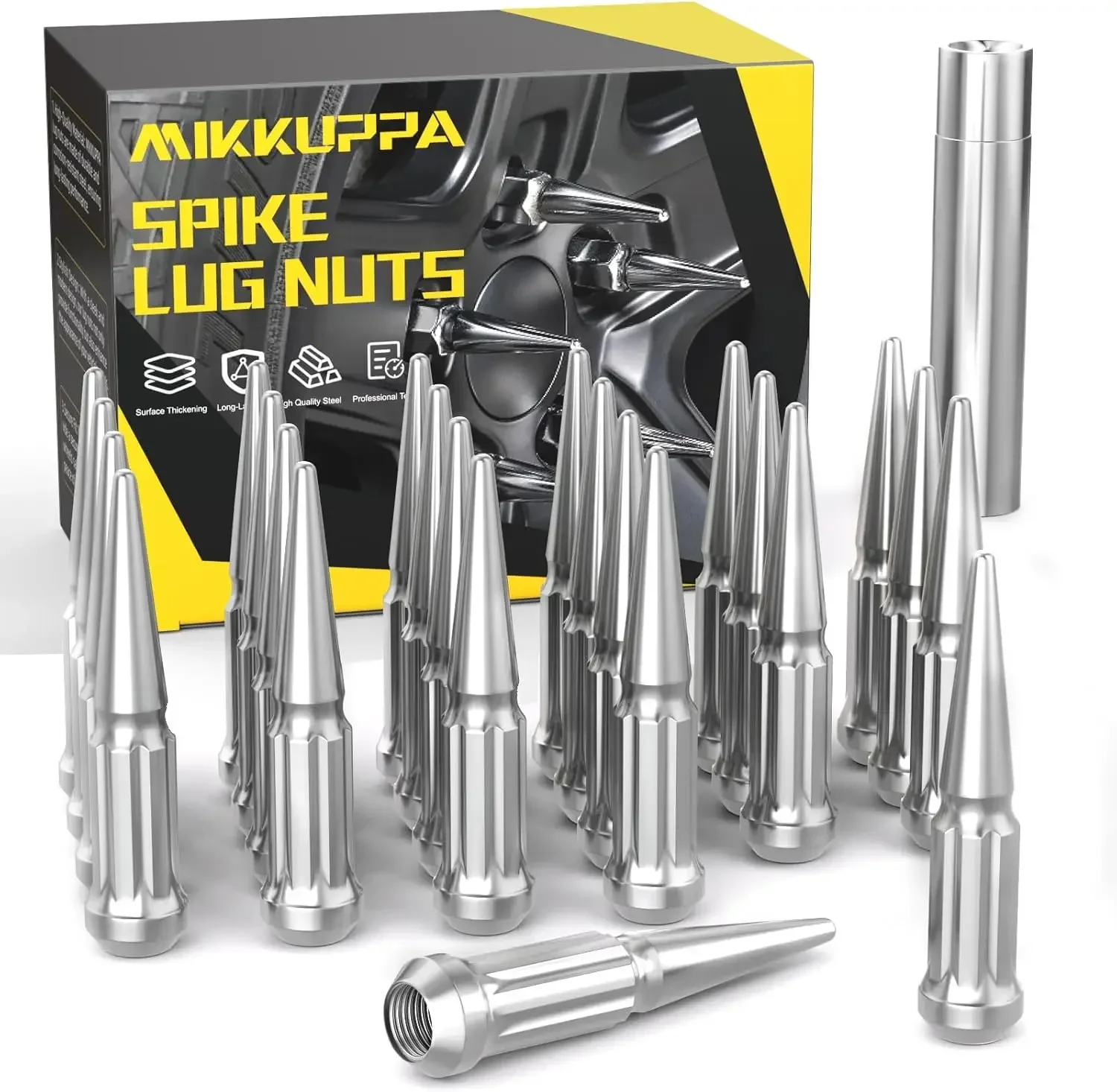 

MIKKUPPA 24pcs M14x1.5 Wheel Spike Lug Nuts, Chrome Spike Solid 4.4" Tall Acorn with 1 Socket Key Replacement for Chevy Silverad