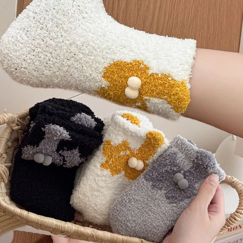 

Cartoon Cute Funny Cat Egg Stockings Winter Coral 3D Cat Butt Mid-Tube Socks Cozy Home Floor Sock for Women Girls Couple Gifts