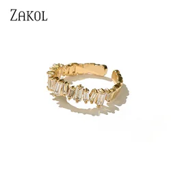 ZAKOL New Korean Gold Color Double Student Open Rings for Women Rectangle Crystal Finger Ring Party Jewelry