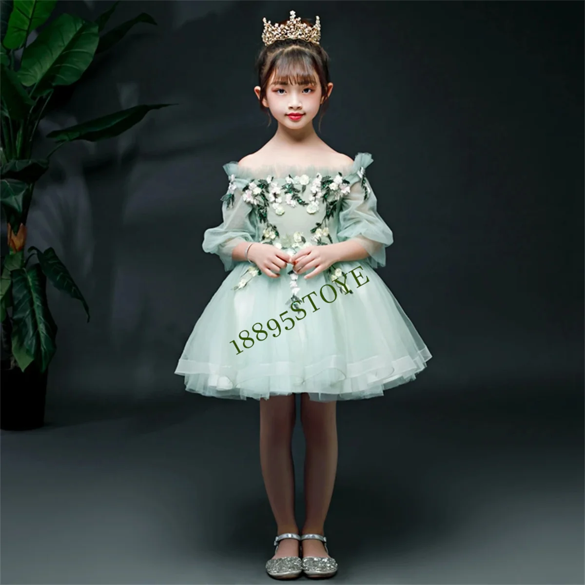 Mini vestidos de niña de flores con apliques de tul verde para boda, cuello barco, media manga, desfile de niños, vestidos de primera comunión para niños