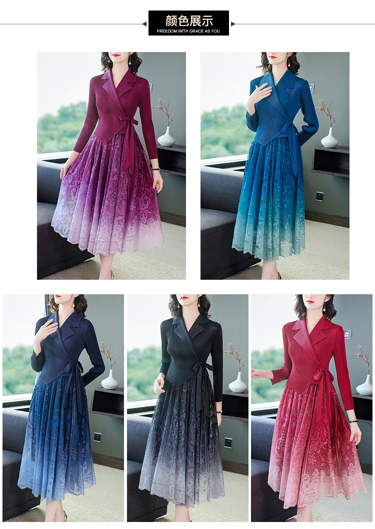 2023 Spring and Autumn New Mountain House Pleated Skirt Long Sleeve Suit Collar Slim Fit Long Lace Panel Large Swing Dress