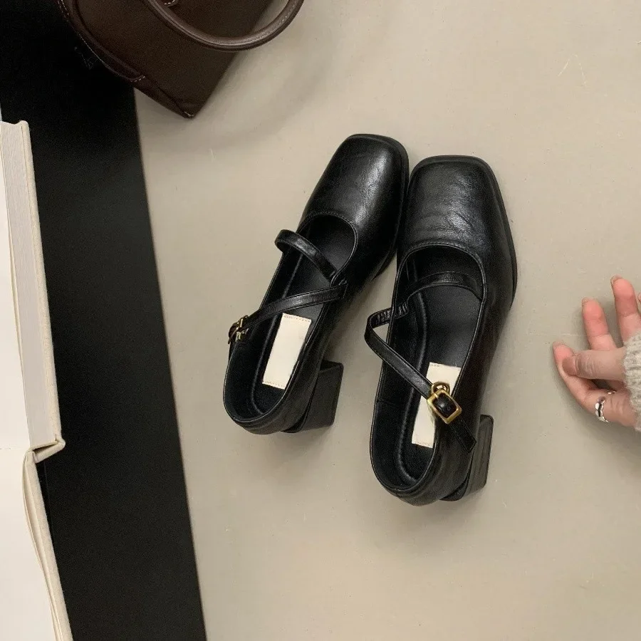 أحذية كعب خشن المرأة البريطانية الربيع والخريف جديد حذا فردي للسيدات الفرنسية الرجعية رئيس مربع المعاول عالية الكعب