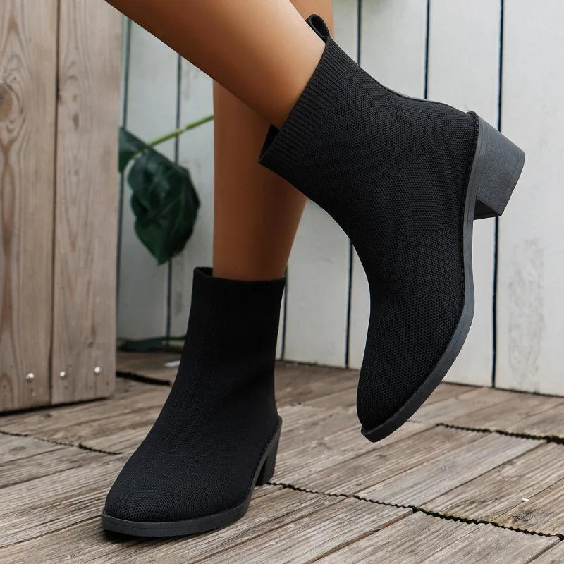 

2024 Women's Ankle Boots Autumn Midsole Black Short Boots Low Heel Comfort Non Slip Casual Large Size 43 Women's Boots