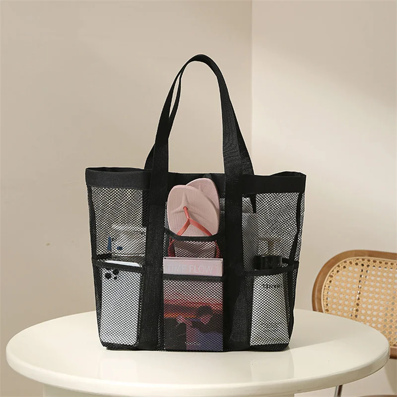 Large Capacity Mesh Beach Bag Foldable Breathable Tote For Swimming Travel Grocery One Shoulder Handheld Wash Bag 2024 New