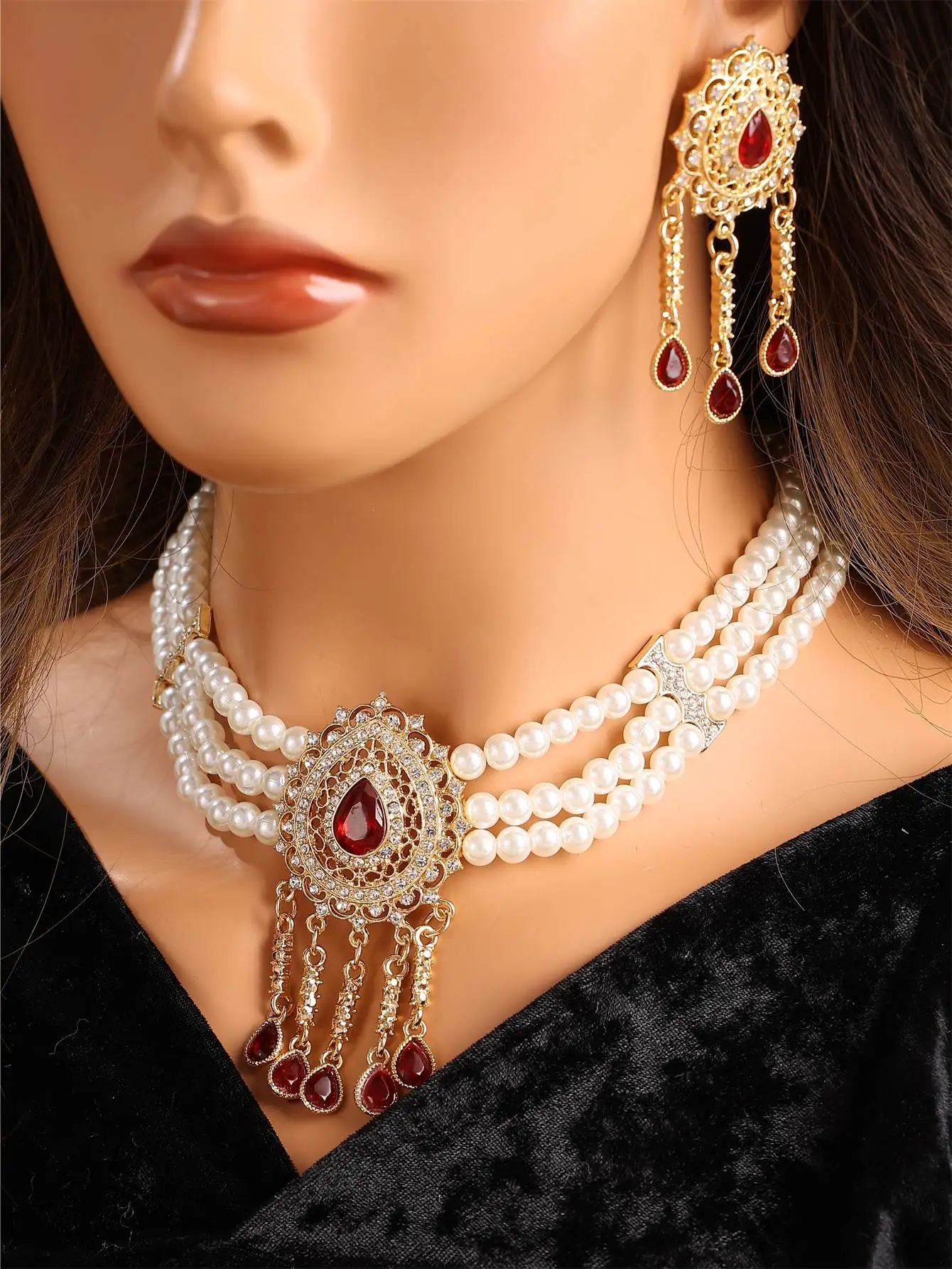 Marokkanisches Brautschmuck-Set, mehrschichtiger Perlenchoker, Quasten-Ohrhänger, wassertropfenförmige Kristalleinlage, ethnischer Hochzeitsschmuck für Frauen – Detail 1