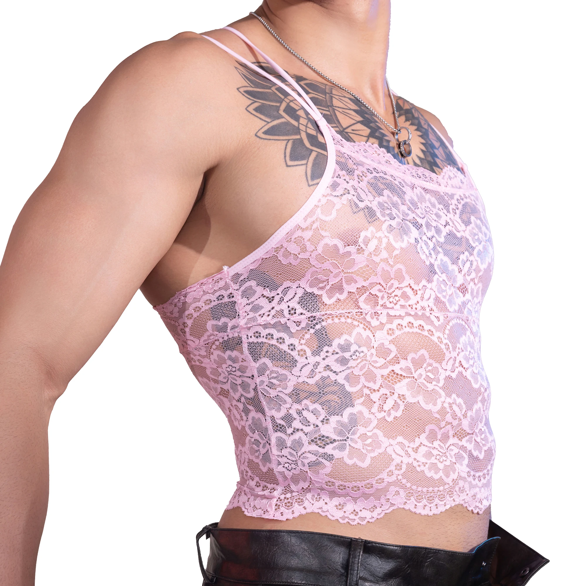 Men Sexy Spaghetti Strap Ultra-thin Undershirts Elastic Breathable Backless Vest Transparent Male Lingerie Floral Lace Tank Tops